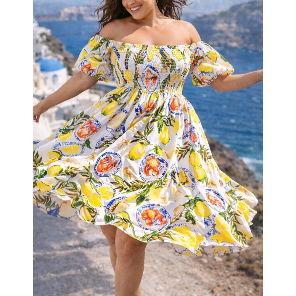 8 Oak Lane Santorini Lemon Print Off Shoulder Smocked Dress XL New